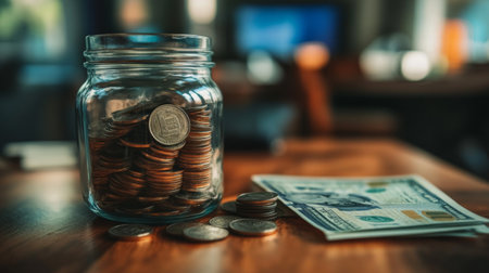 A glass jar filled with coins sits on a wooden table next to a dollar bill, symbolizing savings and personal finance management. Ideal for financial themes.の素材