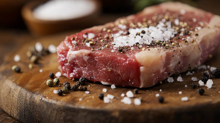 A close-up view of a fresh raw steak seasoned with salt and pepper on a rustic wooden board, perfect for culinary presentations and gourmet dishes.の素材