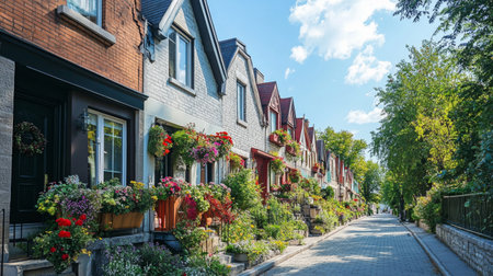 A picturesque street showcasing charming houses adorned with vibrant flower boxes and lush greenery, creating a tranquil and inviting atmosphere.の素材