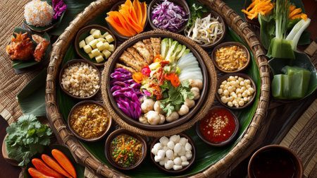 A vibrant platter featuring a variety of fresh vegetables, dips, and herbs, perfect for healthy meals and social gatherings. Ideal for culinary use.の素材