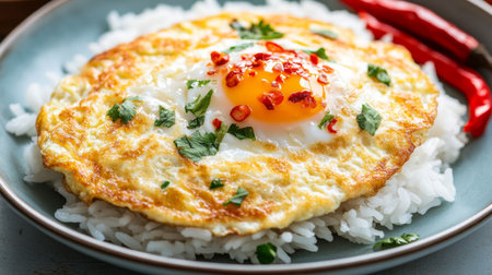 A vibrant dish featuring a fried egg on a bed of steamed rice, garnished with chili and fresh herbs, perfect for any meal. Enjoy the comfort!の素材