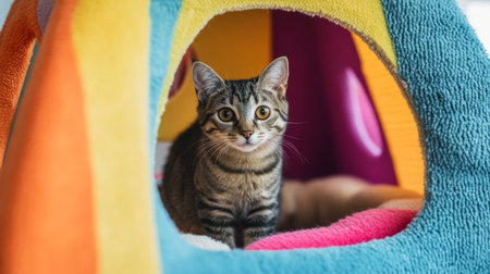 A charming tabby cat sits contently in a vibrant, colorful cat house, showcasing its playful nature and curiosity in a cozy indoor setting.の素材