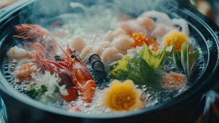 A steaming seafood hot pot featuring fresh shrimp, scallops, and colorful vegetables, creating an inviting atmosphere perfect for sharing delicious moments.の素材