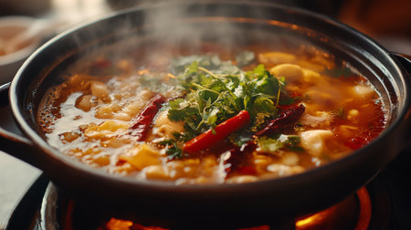 A steaming bowl of spicy soup garnished with fresh herbs and red chilies, showcasing vibrant colors and rich flavors. Ideal for culinary themes.の素材