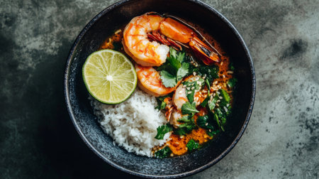 A vibrant bowl featuring succulent shrimp served over rice, garnished with fresh cilantro and lime. Perfect for seafood lovers and culinary enthusiasts.の素材