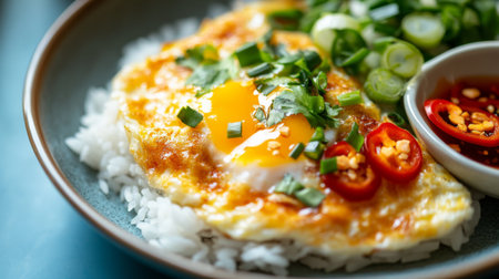 A flavorful egg dish served over rice, garnished with fresh vegetables and a spicy sauce. Perfect for a satisfying meal at any time of day.の素材