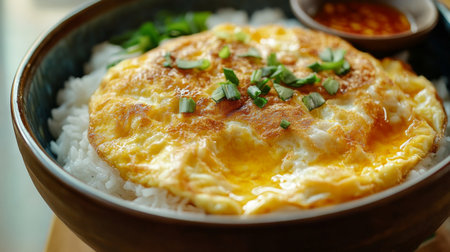 A vibrant bowl of fluffy rice topped with a golden egg and garnished with green onions. Accompanied by a savory sauce, perfect for any meal!の素材