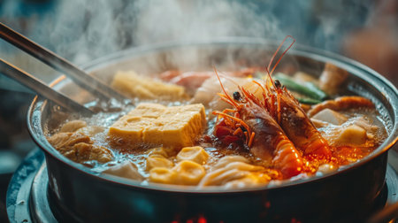 A steaming pot of hot pot filled with fresh seafood and vegetables, showcasing an inviting meal experience perfect for sharing and enjoying rich flavors.の素材