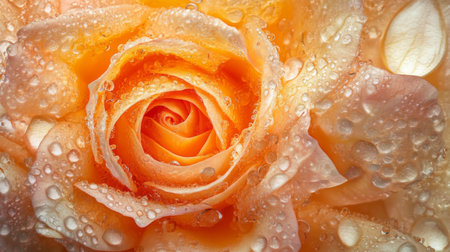 This stunning close-up features an orange rose adorned with glistening water droplets, capturing the beauty and freshness of nature. Perfect for various themes.の素材