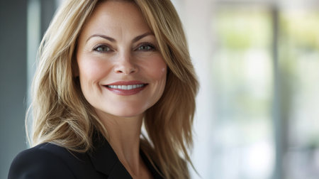 A confident woman smiles radiantly in a modern office setting, embodying professionalism and approachability. Perfect for themes of empowerment and success.の素材