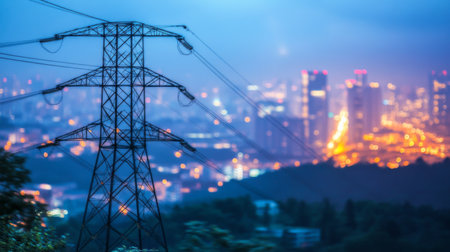 A captivating urban landscape showcasing power lines against a blurred city skyline at night, with glowing lights and a modern ambiance.の素材