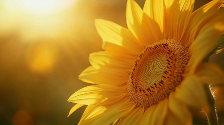 A stunning closeup of a vibrant sunflower basking in warm sunlight. This image captures the beauty of nature, perfect for summer themes and floral designs.の素材