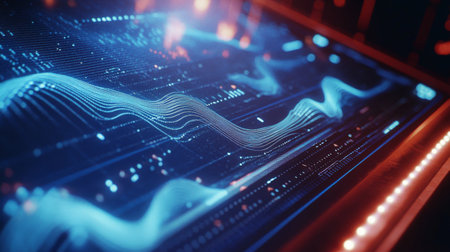 Illustrative digital interface showcasing flowing waves and intricate data patterns. A vibrant representation of technology and innovation in a modern setting.の素材