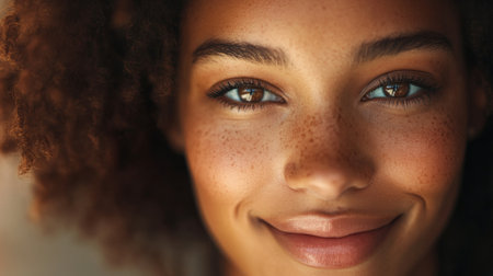 A joyful young woman with striking freckles and curly hair offers a warm smile, showcasing natural beauty and vibrant energy in a close-up portrait.の素材