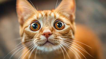 A charming orange cat with large, expressive eyes gazes curiously upward. Its playful and attentive demeanor captures the essence of feline innocence and charm.の素材