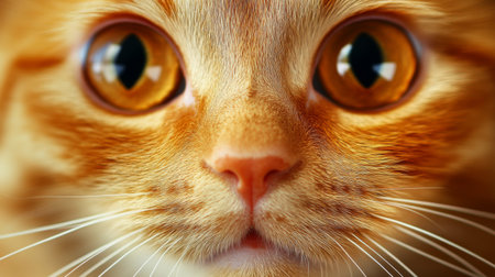This close-up photo captures an adorable orange cat with big, expressive eyes. The furry face radiates curiosity and charm, perfect for animal lovers.の素材