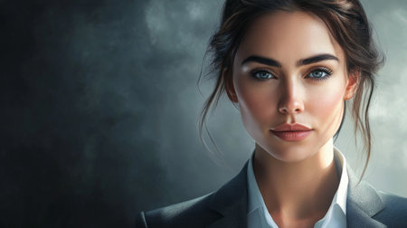 A captivating portrait of a professional woman showcasing elegance and confidence. The dramatic lighting highlights her features and serious expression, ideal for business-themed projects.の素材