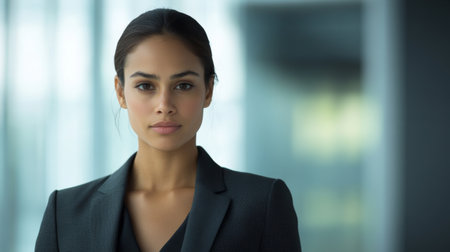 A confident woman in a modern office setting displays professionalism and strength. Her serious expression and stylish suit reflect ambition and determination.の素材