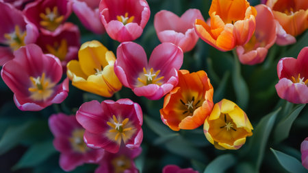 A stunning display of vibrant tulip blooms showcasing a mix of pink, yellow, and orange colors that evoke the essence of spring and nature's beauty.の素材
