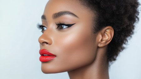 Captivating profile view of a glamorous model showcasing bold makeup, including striking eyeliner and vibrant red lips, emphasizing beauty and elegance.の素材