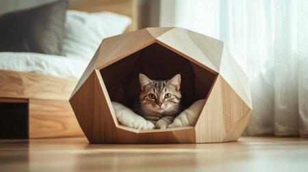 A serene cat lounging in a stylish geometric wooden pet bed, showcasing a warm and cozy home environment filled with natural light and modern design.の素材