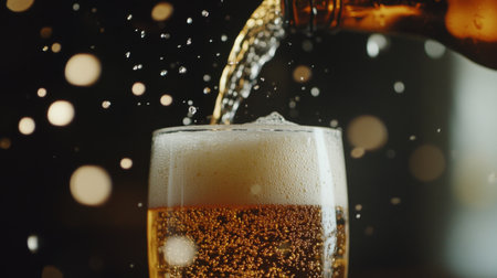 A closeup of beer being poured into a glass, showcasing bubbles and foam. The captivating image evokes feelings of celebration and refreshment.の素材