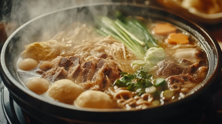 A steaming hot pot filled with fresh vegetables and tender meat creates a warm, inviting cooking experience perfect for sharing with family and friends.の素材