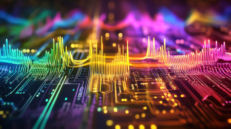 A stunning abstract representation of a colorful waveform on a circuit board, showcasing the harmony between technology and sound in a vibrant, modern style.の素材