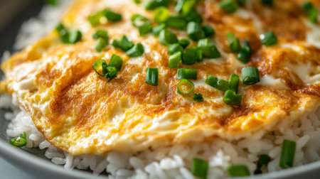 A delicious omelet served atop fluffy white rice, garnished with fresh green onions, perfect for breakfast or a wholesome meal any time of day.の素材