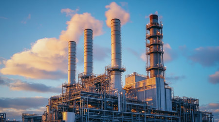 A vibrant industrial plant with smoke stacks against a clear blue sky. The image captures the essence of energy production and manufacturing technologies in action.の素材