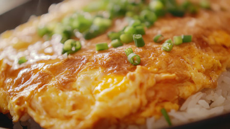 A close-up view of a delicious omelette served on rice, garnished with fresh green onions. Perfect for showcasing comfort food and culinary artistry.の素材