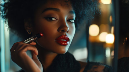 A stunning portrait of a woman showcasing red lipstick, highlighting beauty and elegance. The vibrant colors and soft lighting create a glamorous mood.の素材