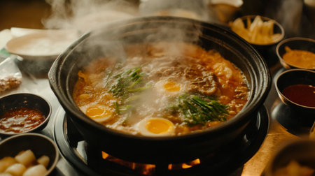 A steaming hot pot filled with fresh ingredients, including vibrant vegetables and eggs, captures the essence of comfort dining in Asian cuisine. Enjoy the warmth and flavors.の素材