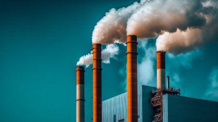 A striking image of industrial smokestacks releasing white smoke against a clear blue sky, highlighting the themes of energy production and environmental impact.の素材