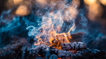 Captivating flames dance above glowing embers, surrounded by soft smoke. This mesmerizing scene evokes warmth and tranquility in a natural setting.の素材