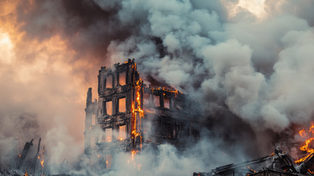 A dramatic scene of an abandoned building engulfed in flames, surrounded by thick smoke. The intense fire highlights the structure's devastation and chaos.の素材