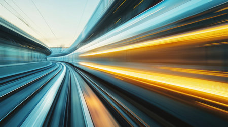 A captivating image showcasing the dynamic motion of a train speeding along curved tracks, captured in vibrant colors and blurred lines, representing modern transportation.の素材