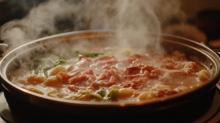A close-up of a bubbling hot pot filled with fresh ingredients, including vegetables and meat, steaming invitingly. Ideal for food lovers.の素材