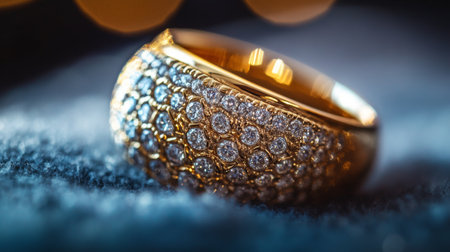 A stunning gold ring adorned with sparkling diamonds, showcasing intricate design and luxury. Perfect for emphasizing elegance and refinement in jewelry photography.の素材