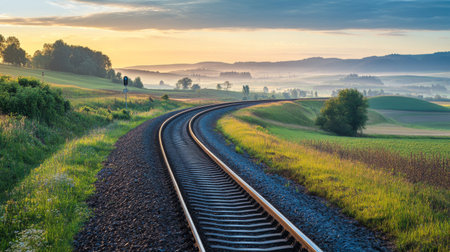 A tranquil scene featuring curved railway tracks under a soft sunrise, surrounded by lush greenery and distant hills. Perfect for representing travel and nature.の素材