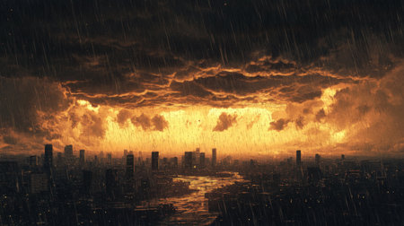 A striking storm blankets the urban skyline at dusk, with dark clouds illuminated by a fiery glow. Raindrops create a dramatic scene, highlighting the beauty of nature amidst a bustling city.の素材