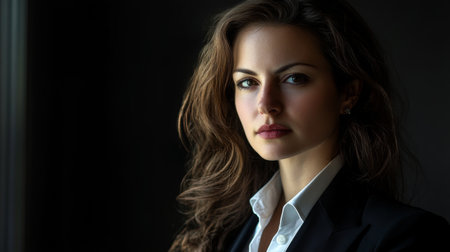 A confident young woman in a tailored business suit stands against a dark background. Her serious expression conveys professionalism and strength, radiating elegance.の素材