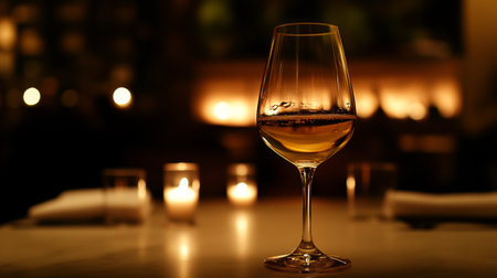 A beautifully captured wine glass in a dimly lit restaurant, surrounded by soft candlelight, creating a warm and inviting atmosphere perfect for a serene dining experience.の素材