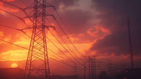 A dramatic sunset creates a stunning backdrop for silhouettes of power lines in an urban landscape. The vibrant orange sky contrasts with industrial structures.の素材