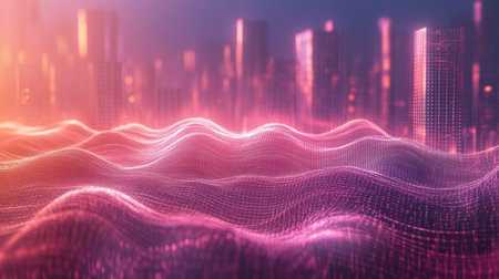 A captivating abstract digital landscape featuring smooth waves in vibrant colors, set against a glimmering city skyline. Perfect for technology themes.の素材