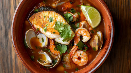 Tantalizing seafood soup features shrimp, fish, and clams in a rich broth, garnished with lime and cilantro, perfect for a comforting meal.の素材