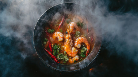 A vibrant bowl of spicy shrimp dish, garnished with fresh herbs and chilies, enveloped in aromatic steam. Perfect for culinary enthusiasts.の素材
