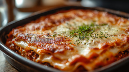 Indulge in this delicious homemade lasagna featuring layers of pasta, savory meat sauce, and melted cheese, all baked to perfection for a comforting meal.の素材