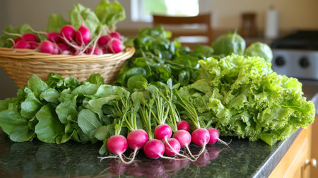 A vibrant assortment of fresh organic vegetables on a kitchen countertop, featuring radishes, lettuce, and spinach. Perfect for healthy cooking and vibrant dishes.の素材