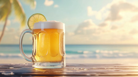 A chilled glass of beer topped with foam and a lime slice sits on a wooden table, with a stunning beach backdrop. Perfect for relaxation and summer enjoyment.の素材